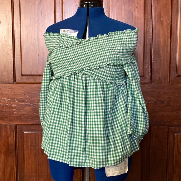 Sportsgirl Gingham Green Linen Viscose Off Shoulder Ruffle Smocked Top Size 12 - Picture 1 of 9